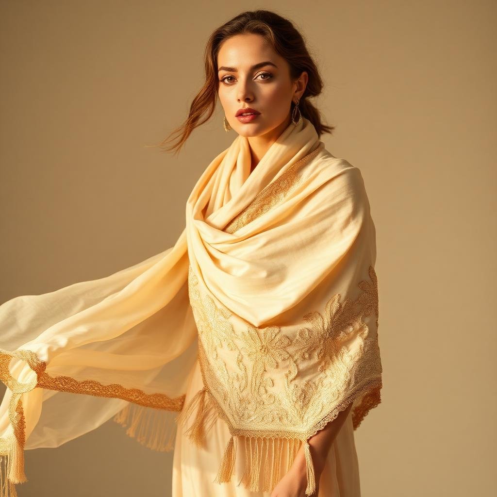 Model draped in embroidered stole